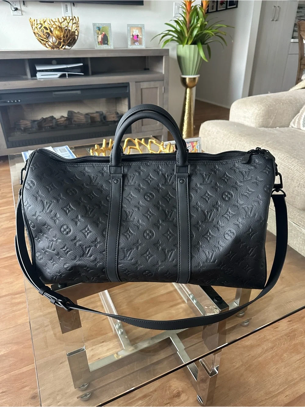 Black Embossed Leather Weekender Duffel Bag - Luxury Style